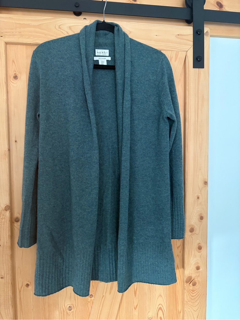 Nicole Miller Open-Front Cashmere Cardigan in Teal Green